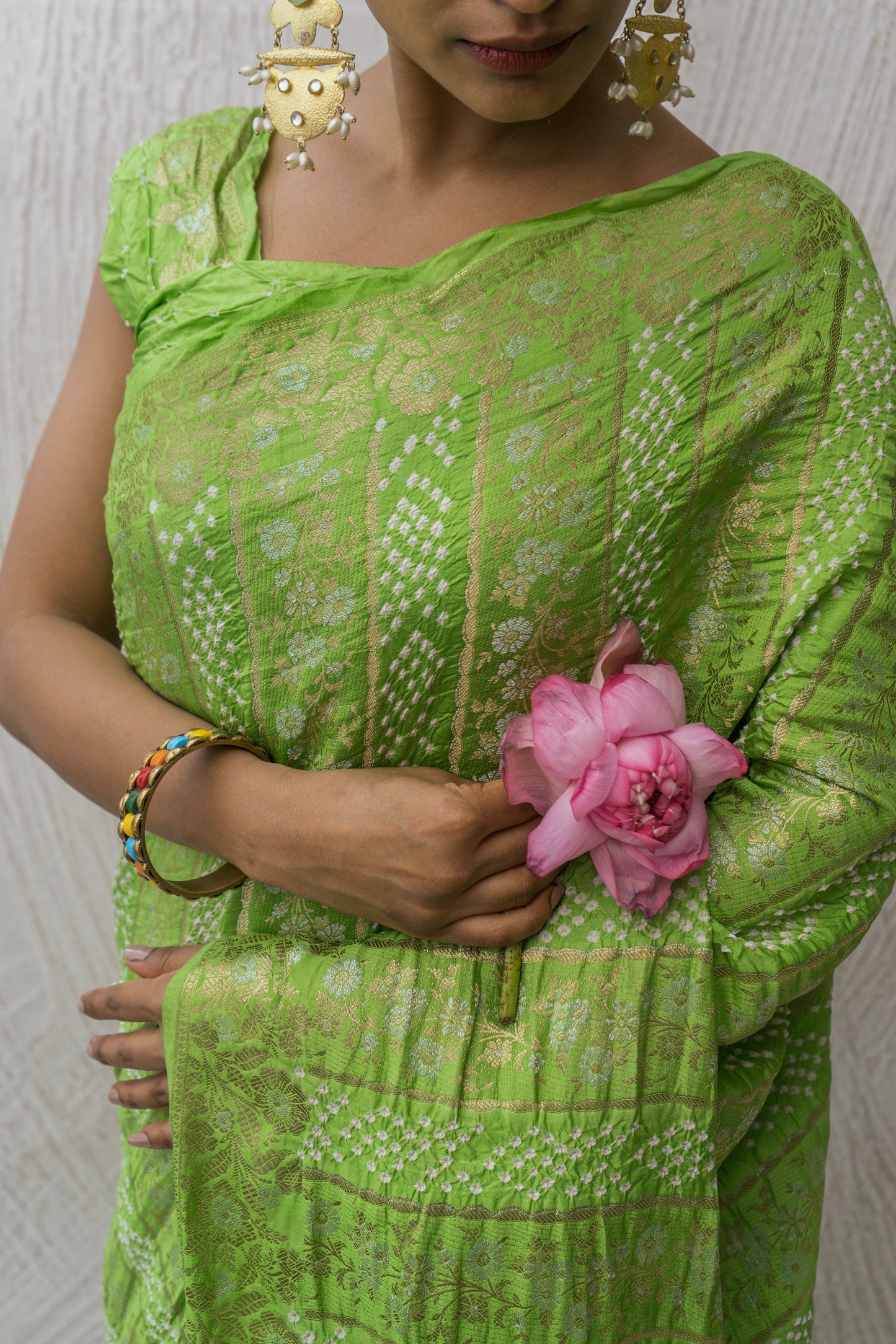 Chiniya Sona Rupa Stripes Bandhej Pastel Green Saree