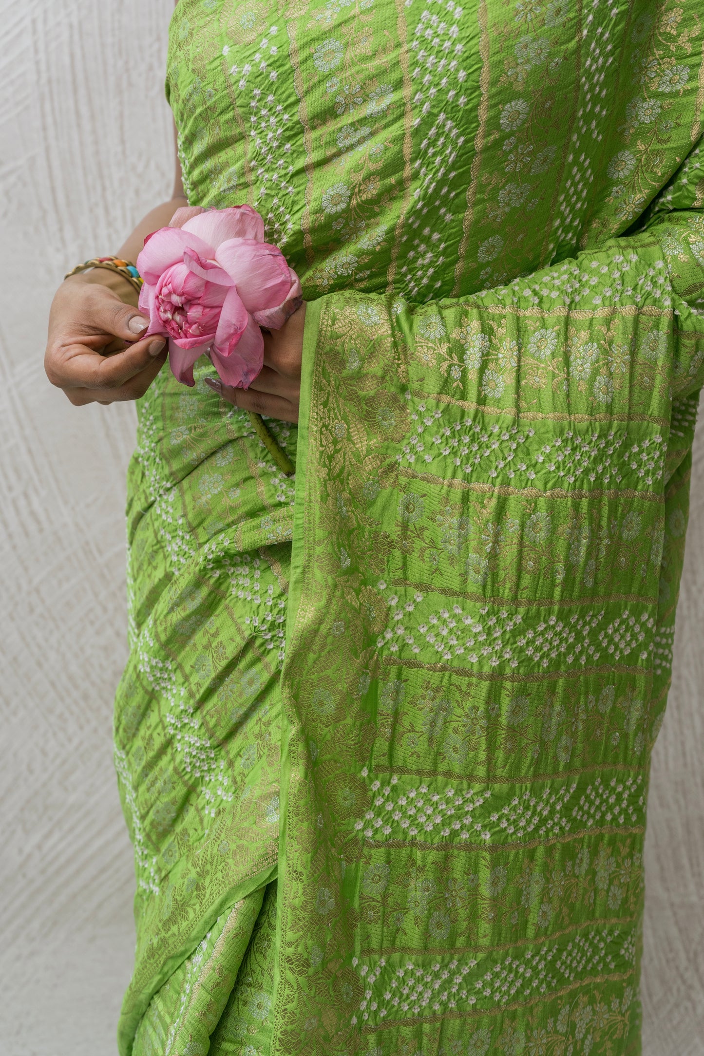 Chiniya Sona Rupa Stripes Bandhej Pastel Green Saree