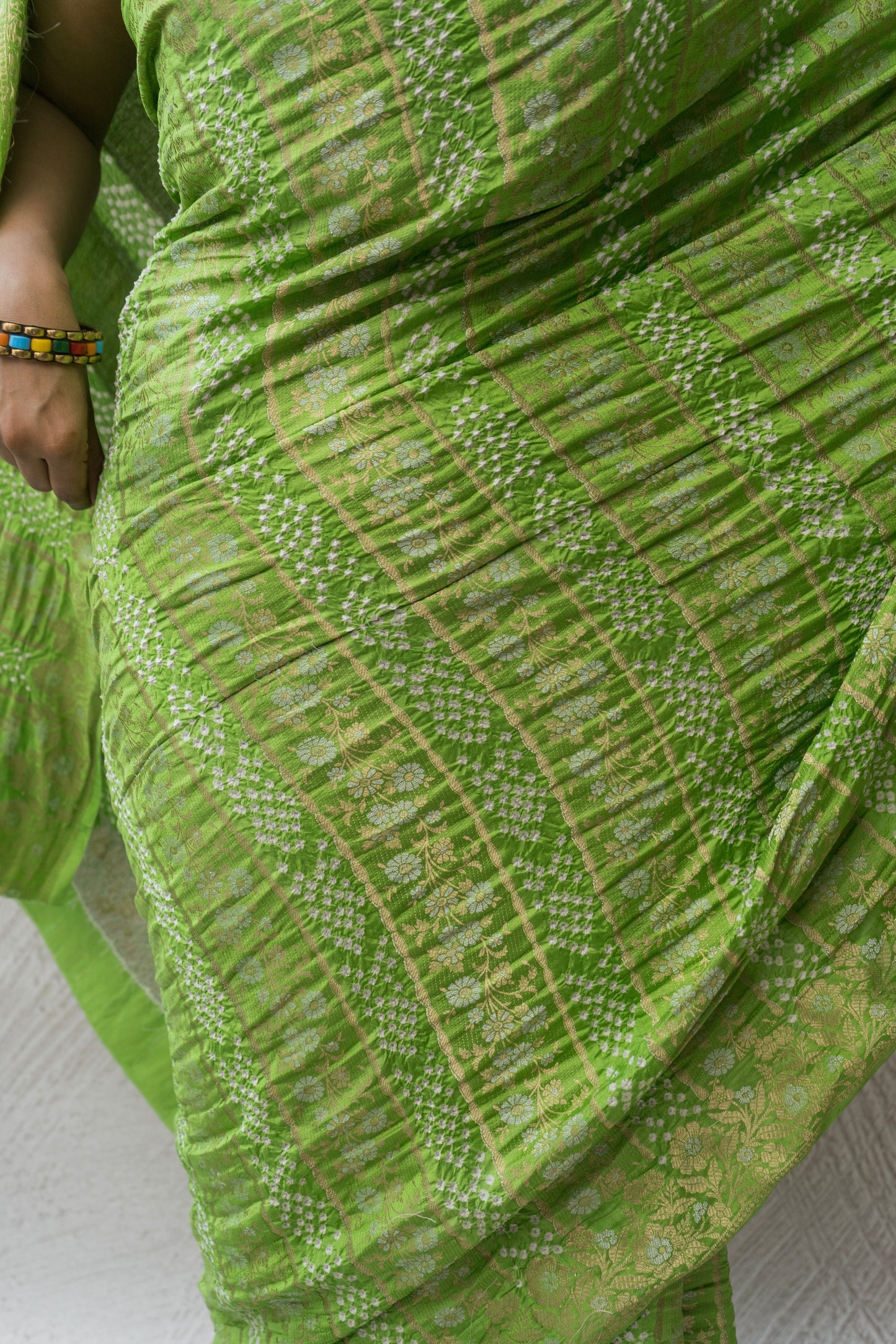 Chiniya Sona Rupa Stripes Bandhej Pastel Green Saree