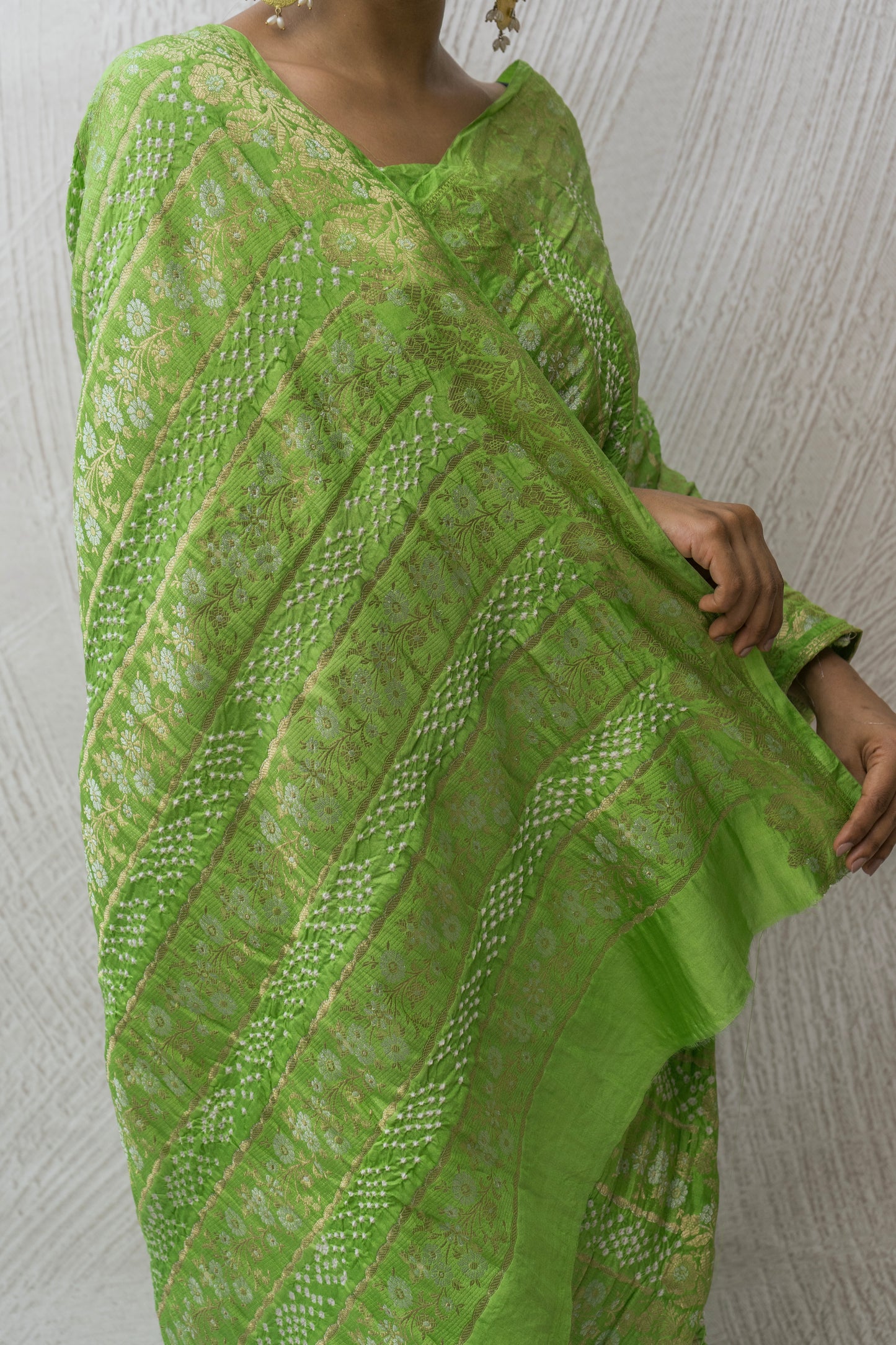 Chiniya Sona Rupa Stripes Bandhej Pastel Green Saree