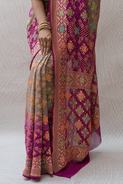 Georgette Patola Meenakari Grey-Purple Ombre Bandhej Saree