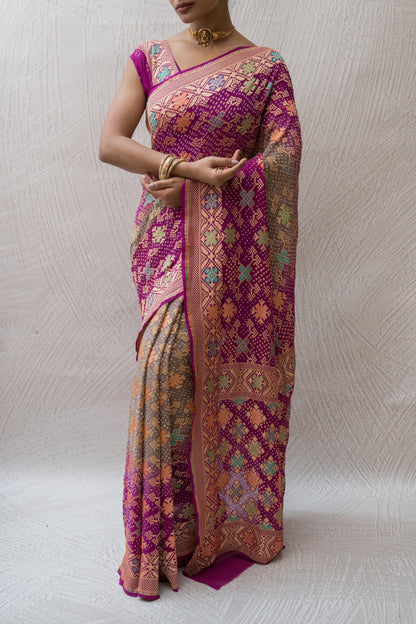 Georgette Patola Meenakari Grey-Purple Ombre Bandhej Saree