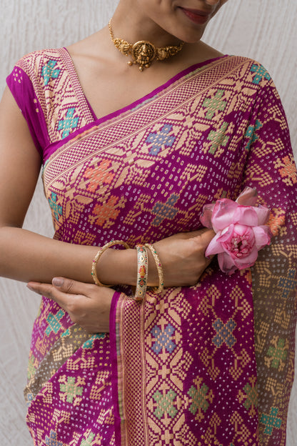 Georgette Patola Meenakari Grey-Purple Ombre Bandhej Saree