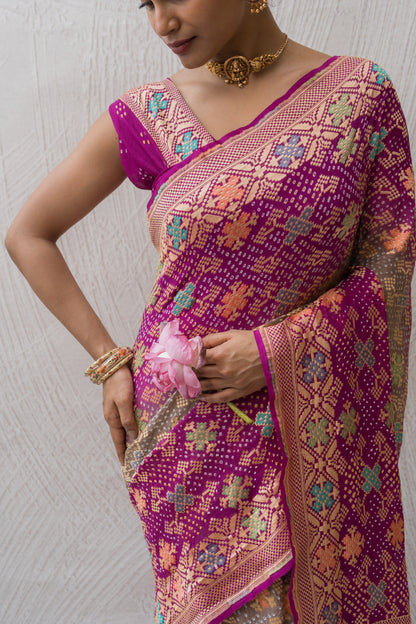 Georgette Patola Meenakari Grey-Purple Ombre Bandhej Saree