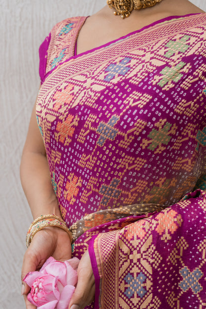 Georgette Patola Meenakari Grey-Purple Ombre Bandhej Saree