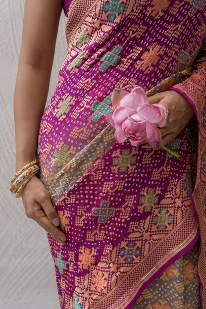 Georgette Patola Meenakari Grey-Purple Ombre Bandhej Saree
