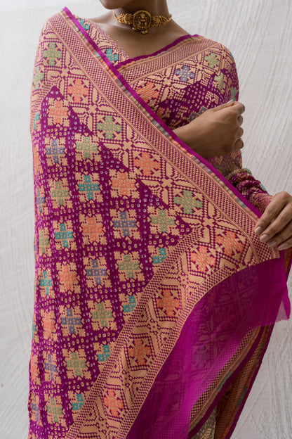 Georgette Patola Meenakari Grey-Purple Ombre Bandhej Saree
