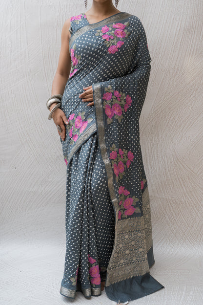 Chiniya Embroidered Dark Grey Bandhej Saree