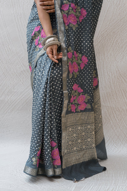 Chiniya Embroidered Dark Grey Bandhej Saree