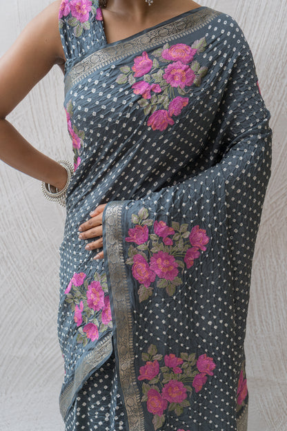 Chiniya Embroidered Dark Grey Bandhej Saree