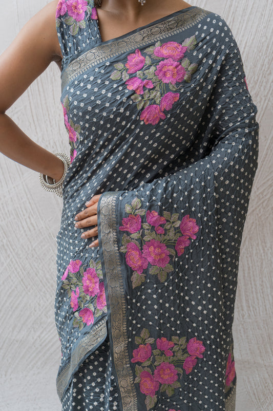 Chiniya Embroidered Dark Grey Bandhej Saree