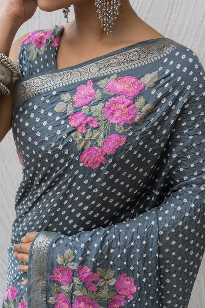 Chiniya Embroidered Dark Grey Bandhej Saree