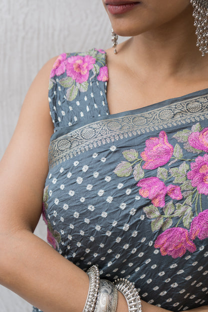 Chiniya Embroidered Dark Grey Bandhej Saree