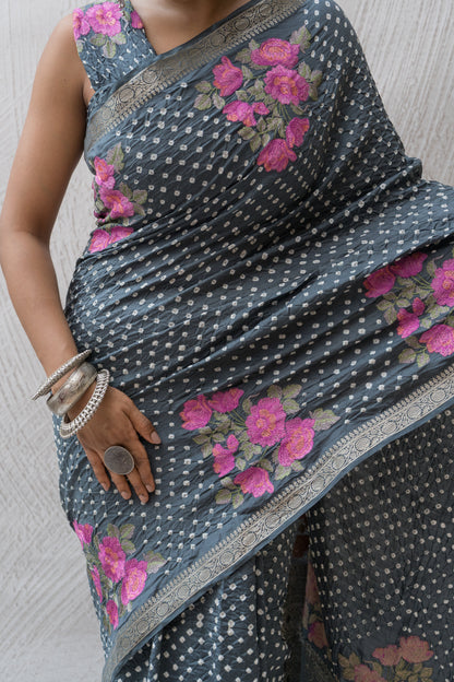 Chiniya Embroidered Dark Grey Bandhej Saree