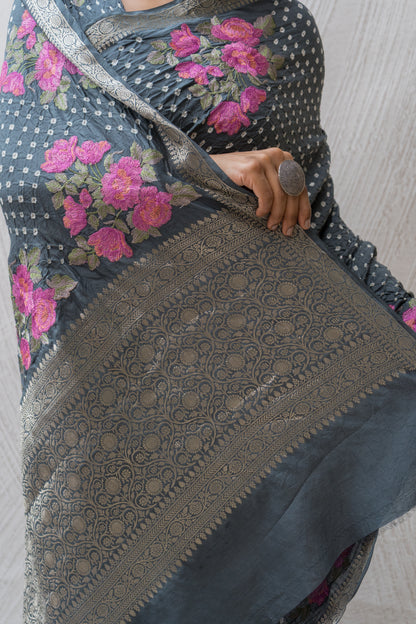 Chiniya Embroidered Dark Grey Bandhej Saree