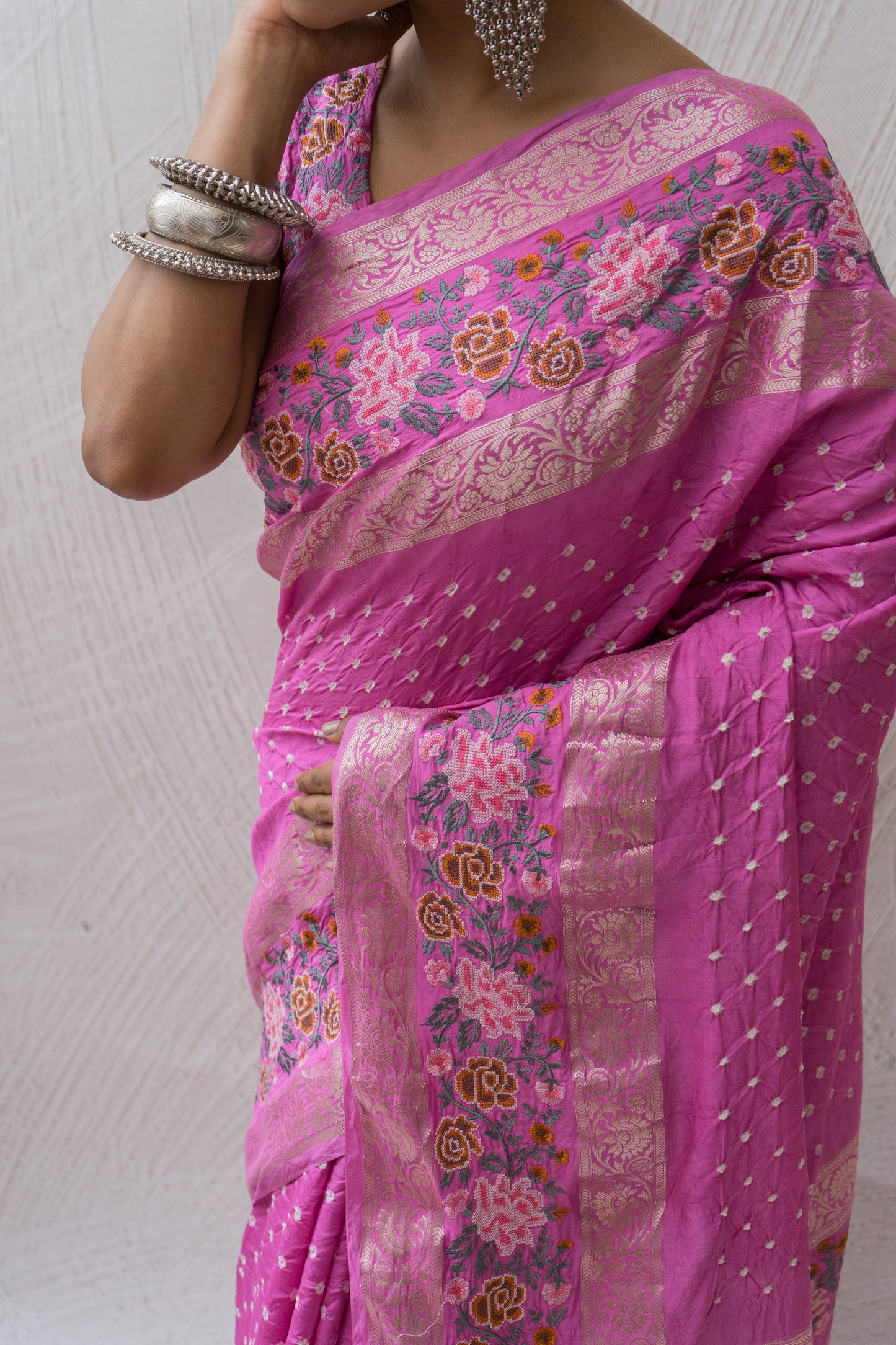 Chiniya Embroidered Double Border Purple Bandhej Saree