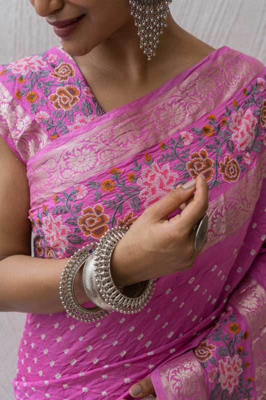 Chiniya Embroidered Double Border Purple Bandhej Saree