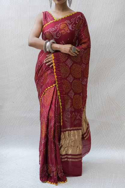 Gajji Rai Dana Maroon Red Bandhej Saree