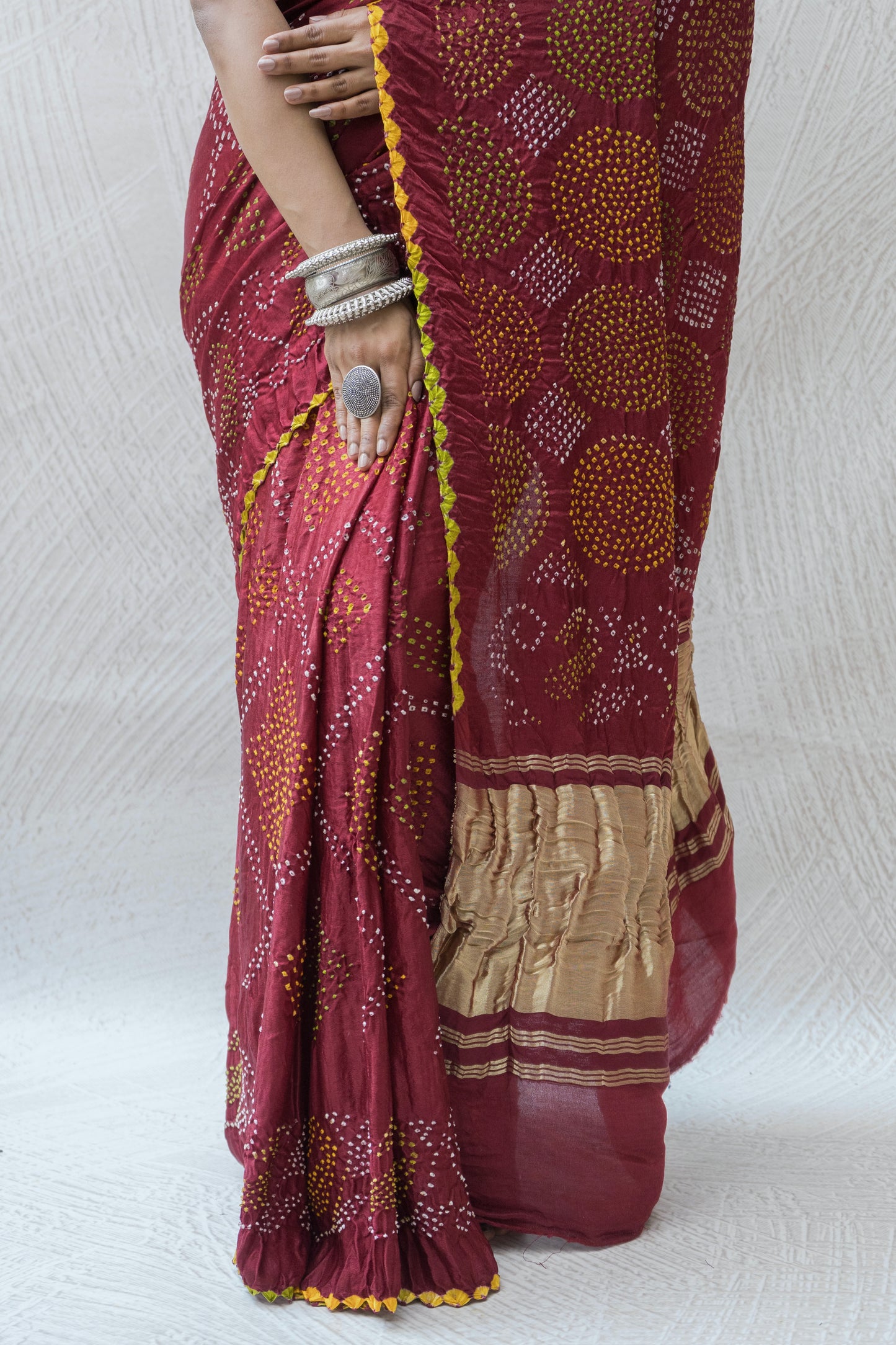Gajji Rai Dana Maroon Red Bandhej Saree