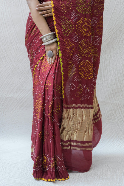 Gajji Rai Dana Maroon Red Bandhej Saree