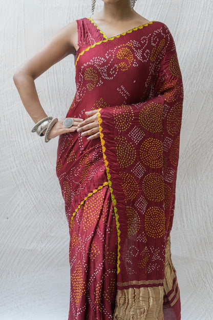 Gajji Rai Dana Maroon Red Bandhej Saree