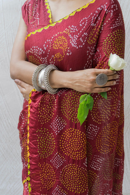 Gajji Rai Dana Maroon Red Bandhej Saree