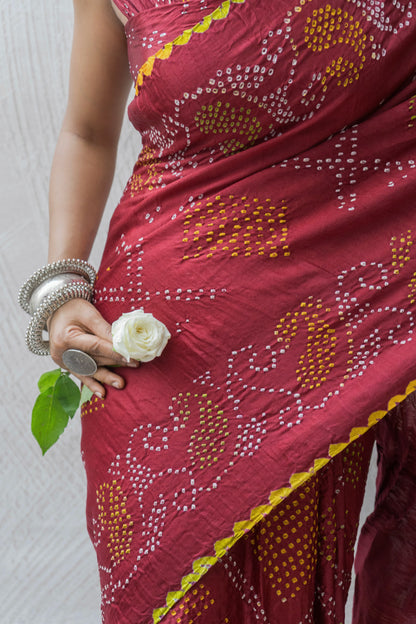 Gajji Rai Dana Maroon Red Bandhej Saree