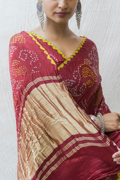 Gajji Rai Dana Maroon Red Bandhej Saree
