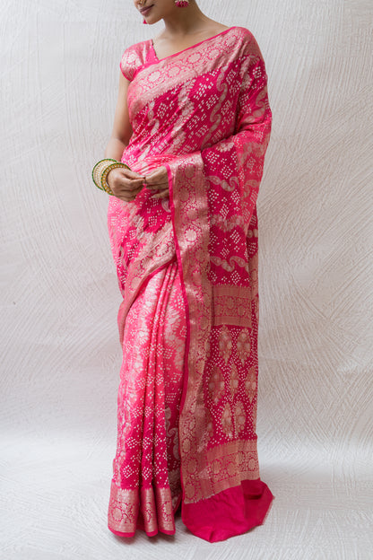 Chiniya Sona Rupa Kaeri Stripes Bandhej Ombre Pink Saree