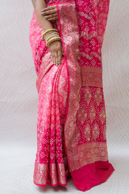 Chiniya Sona Rupa Kaeri Stripes Bandhej Ombre Pink Saree