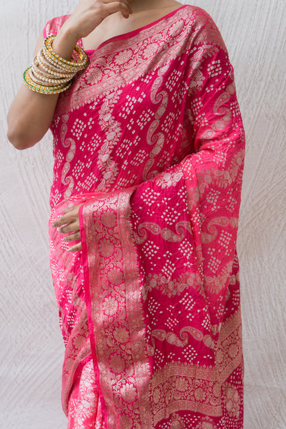 Chiniya Sona Rupa Kaeri Stripes Bandhej Ombre Pink Saree