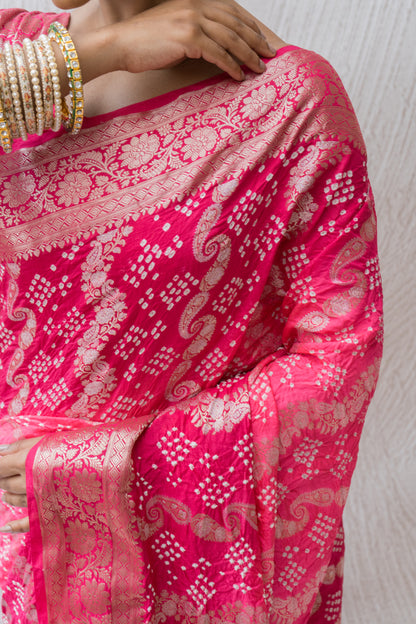 Chiniya Sona Rupa Kaeri Stripes Bandhej Ombre Pink Saree