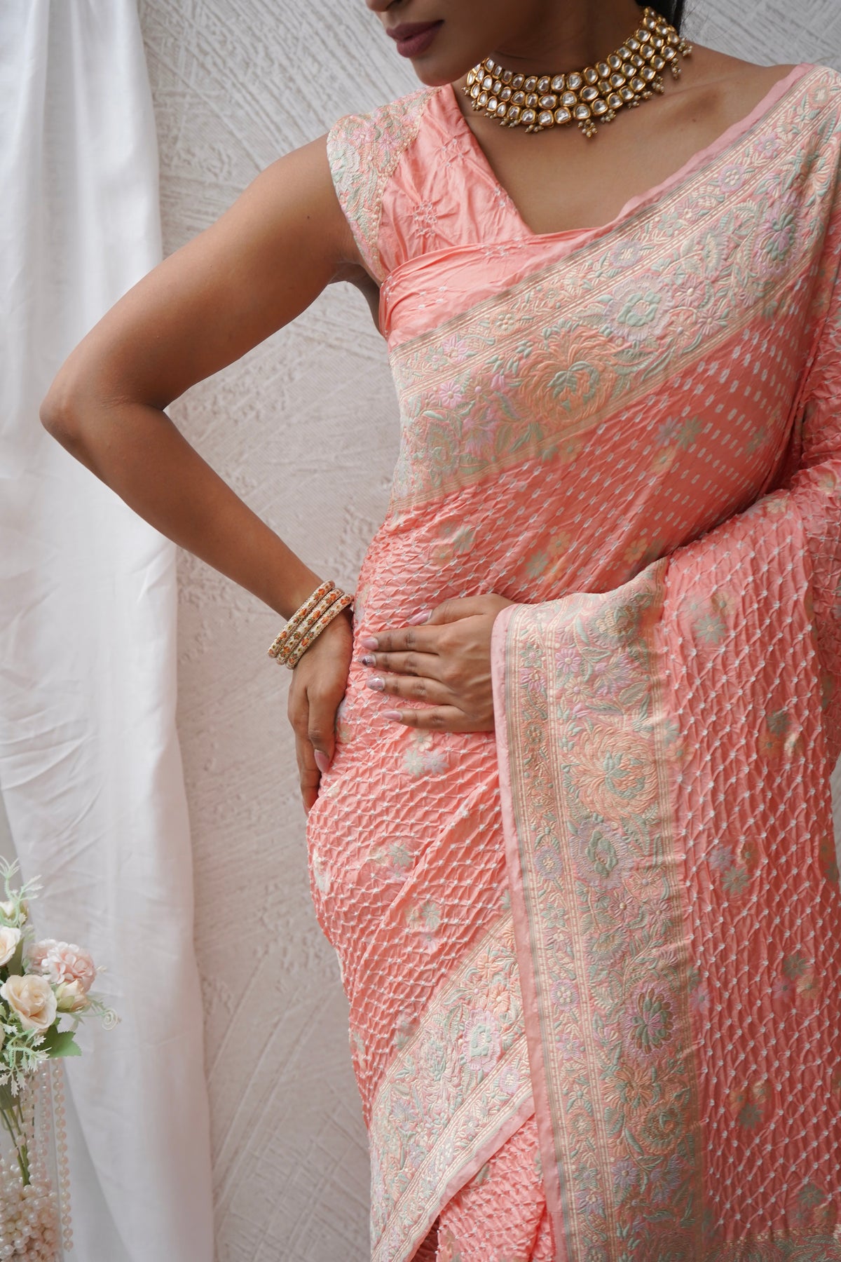 Katan Parsi Booti Rai Dana Pink Bandhej Saree