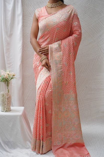 Katan Parsi Booti Rai Dana Pink Bandhej Saree