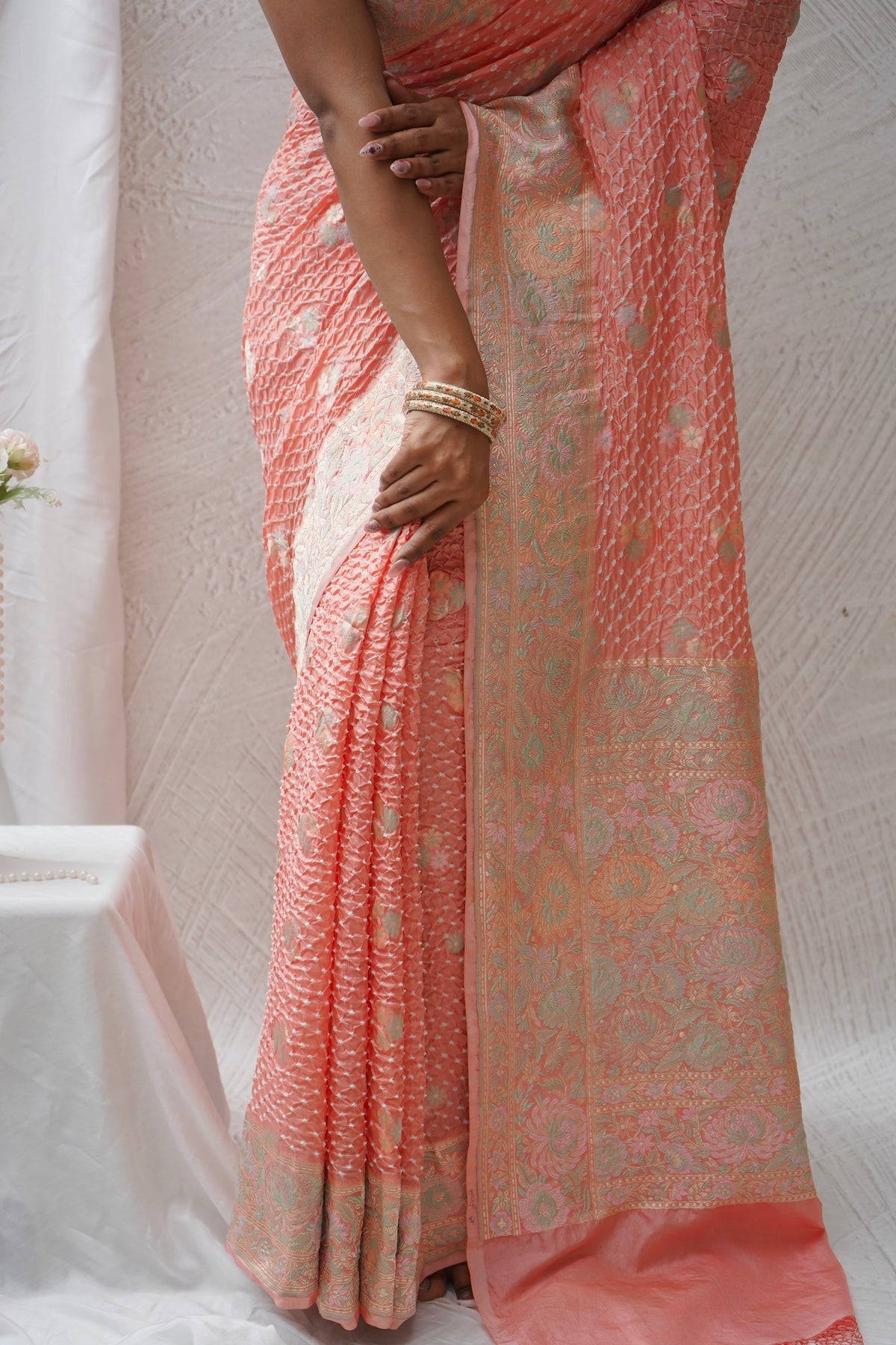 Katan Parsi Booti Rai Dana Pink Bandhej Saree