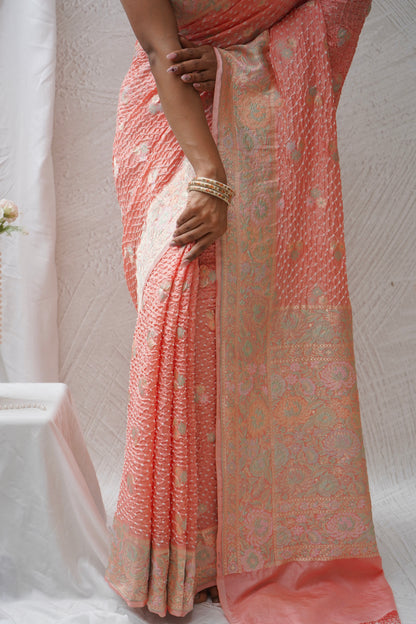Katan Parsi Booti Rai Dana Pink Bandhej Saree