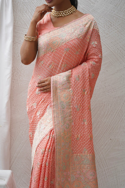 Katan Parsi Booti Rai Dana Pink Bandhej Saree
