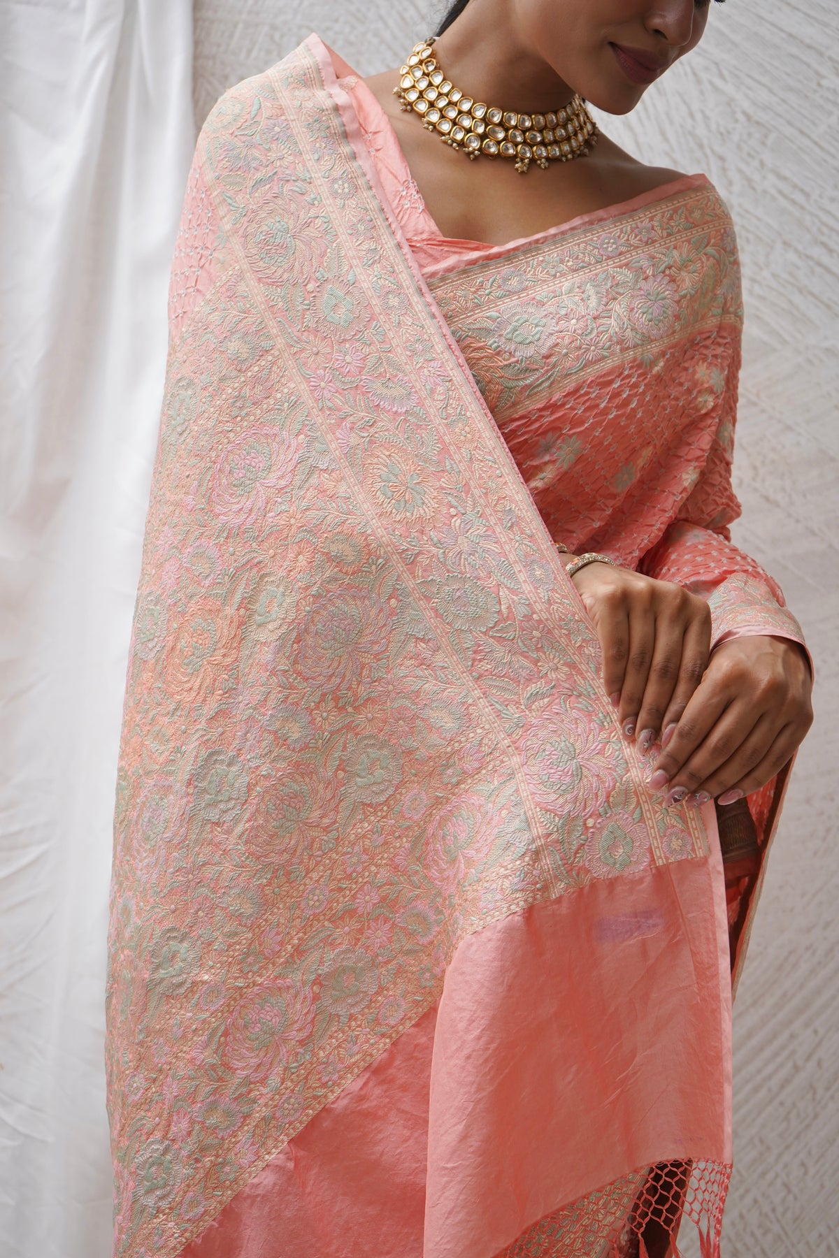 Katan Parsi Booti Rai Dana Pink Bandhej Saree