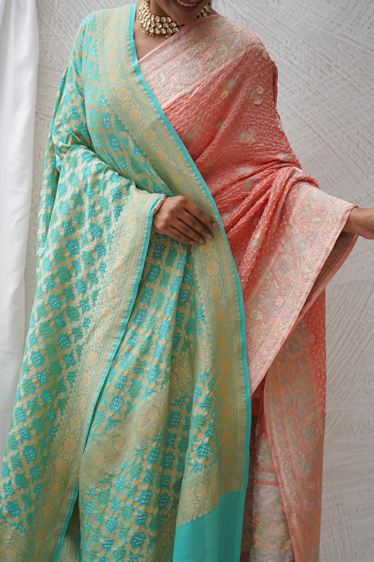 Katan Parsi Booti Rai Dana Pink Bandhej Saree