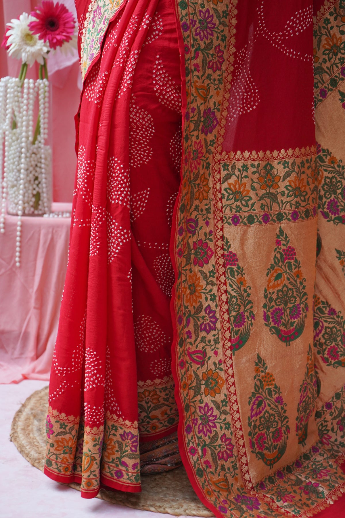 Georgette Rai Dana Paithani Meenakari Red Bandhej Saree
