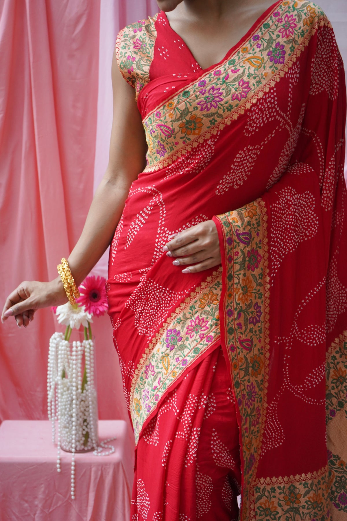 Georgette Rai Dana Paithani Meenakari Red Bandhej Saree