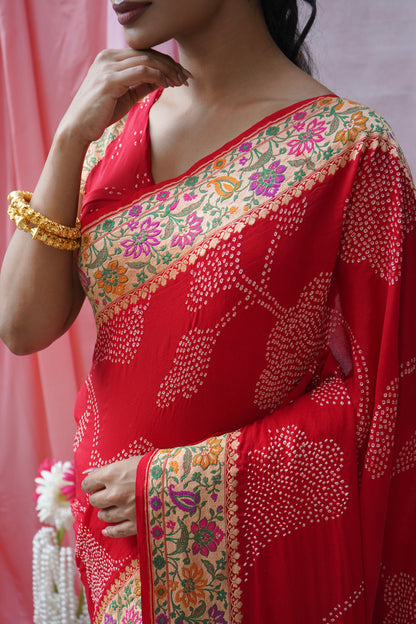 Georgette Rai Dana Paithani Meenakari Red Bandhej Saree