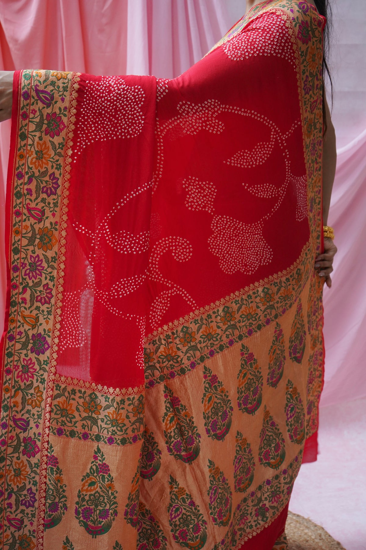 Georgette Rai Dana Paithani Meenakari Red Bandhej Saree