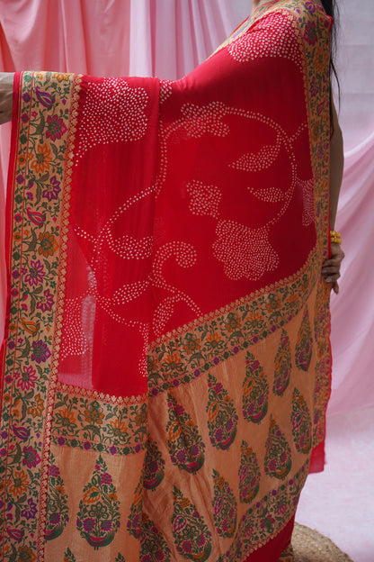 Georgette Rai Dana Paithani Meenakari Red Bandhej Saree