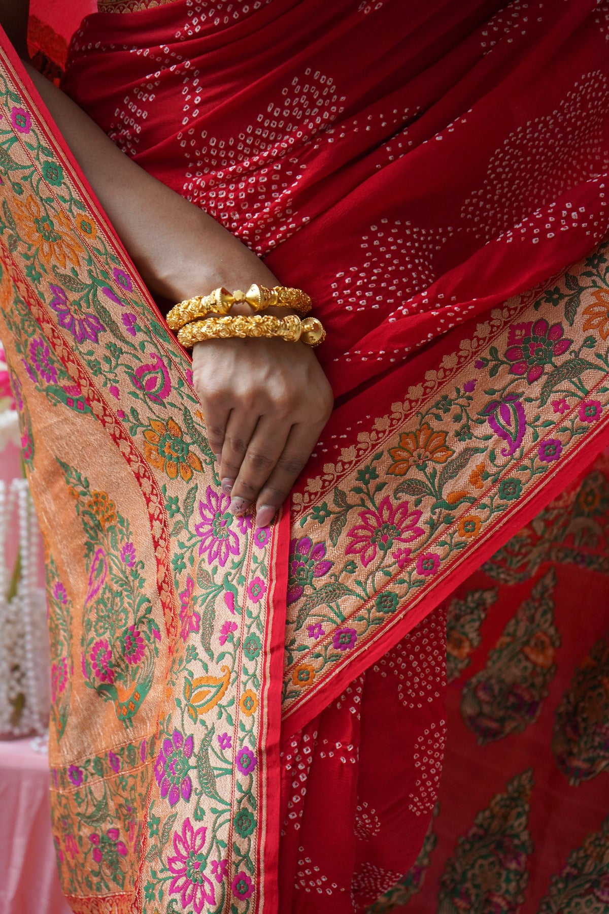 Georgette Rai Dana Paithani Meenakari Red Bandhej Saree
