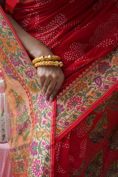 Georgette Rai Dana Paithani Meenakari Red Bandhej Saree