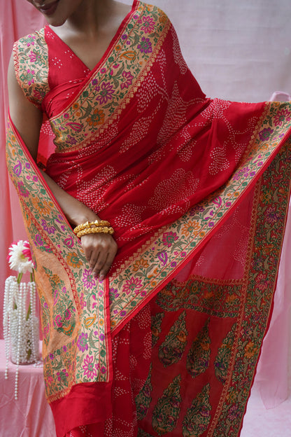 Georgette Rai Dana Paithani Meenakari Red Bandhej Saree