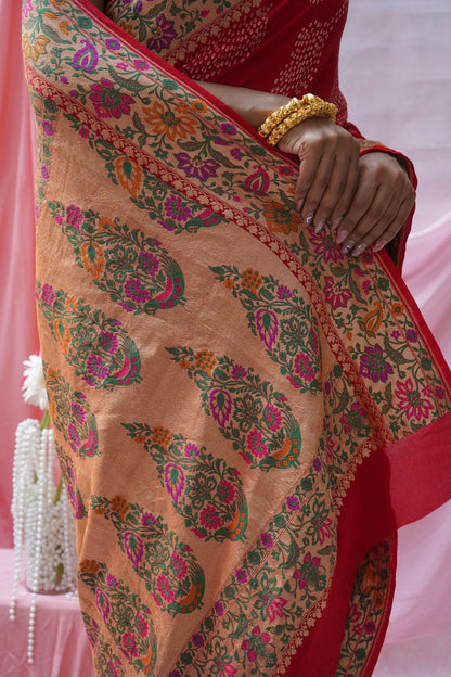 Georgette Rai Dana Paithani Meenakari Red Bandhej Saree