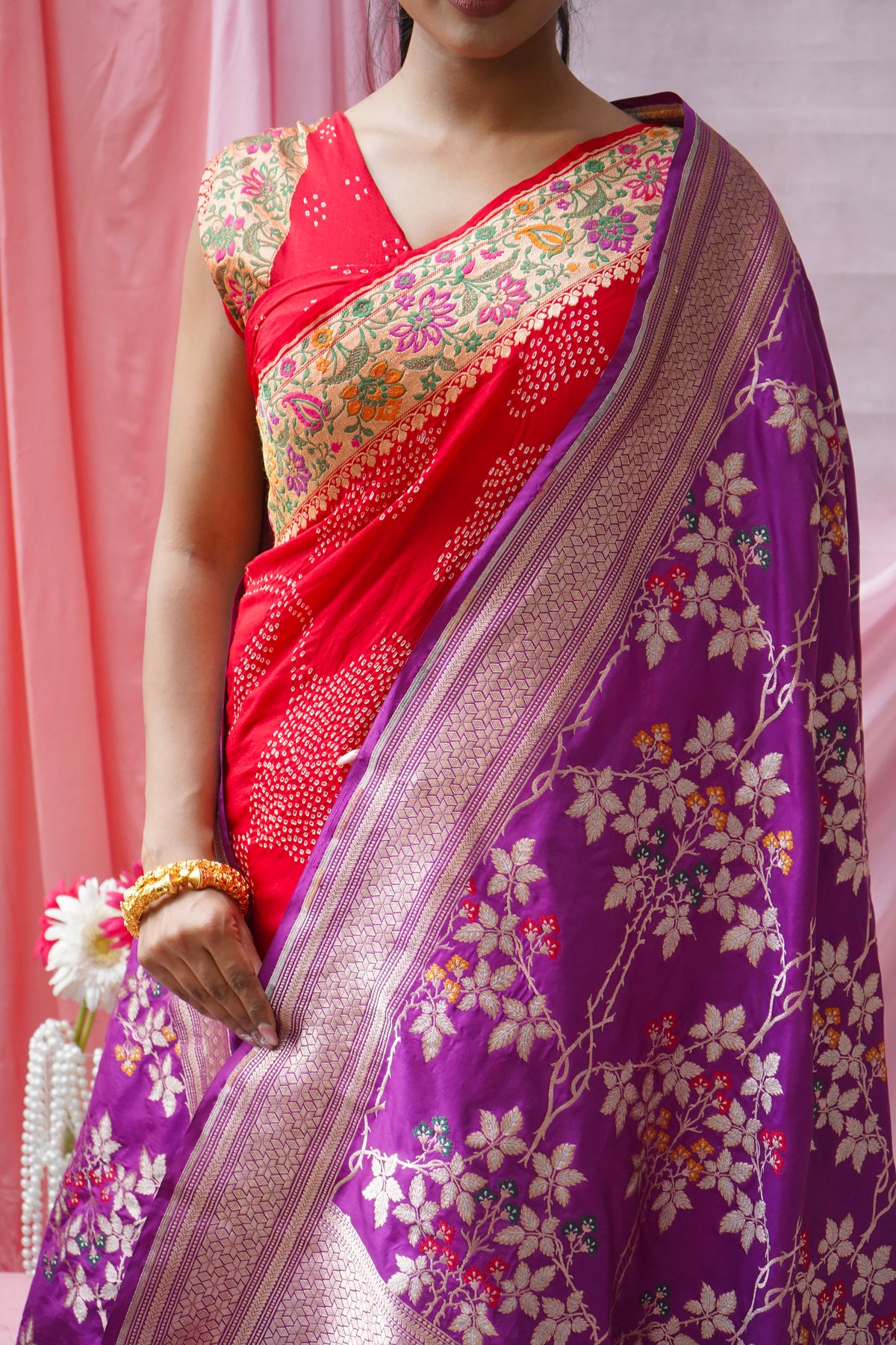 Georgette Rai Dana Paithani Meenakari Red Bandhej Saree