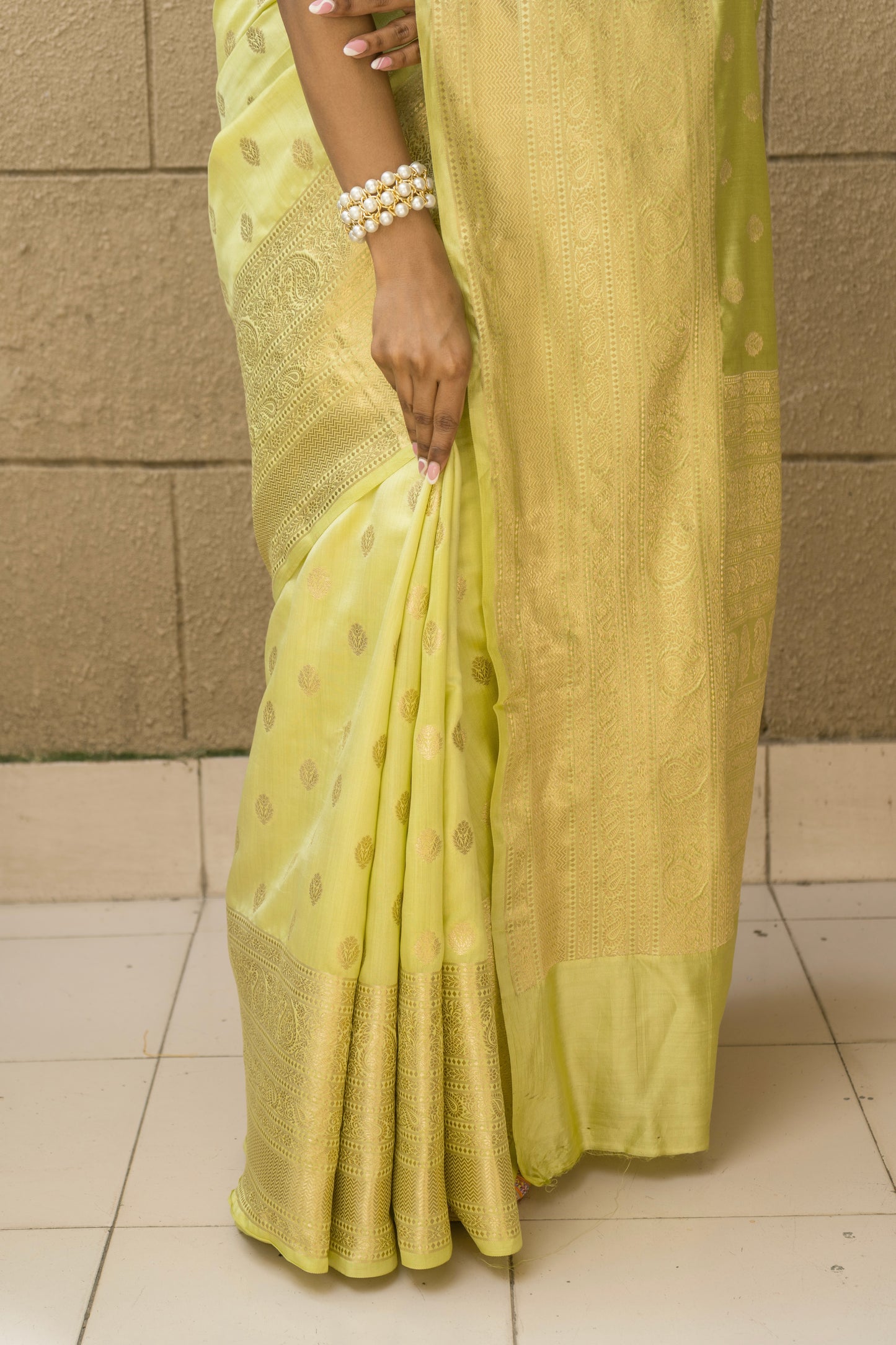 Flurouscent Green Booti Chiniya Saree
